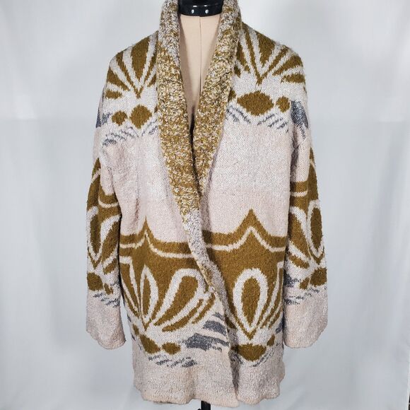 Free People Women’s Cardigan XS Green Cream Long Sleeve Sweater Oversized Boho - Picture 1 of 11